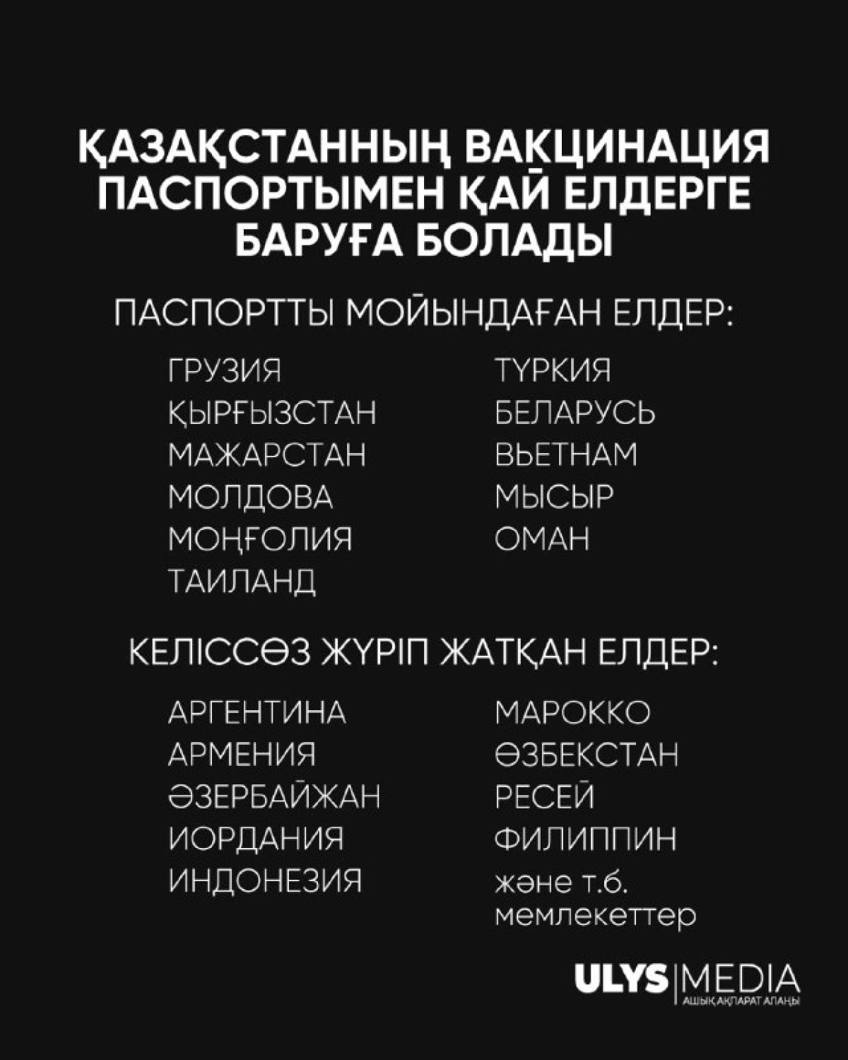 Қазақстанның вакцинация паспортымен қай елдерге баруға болады